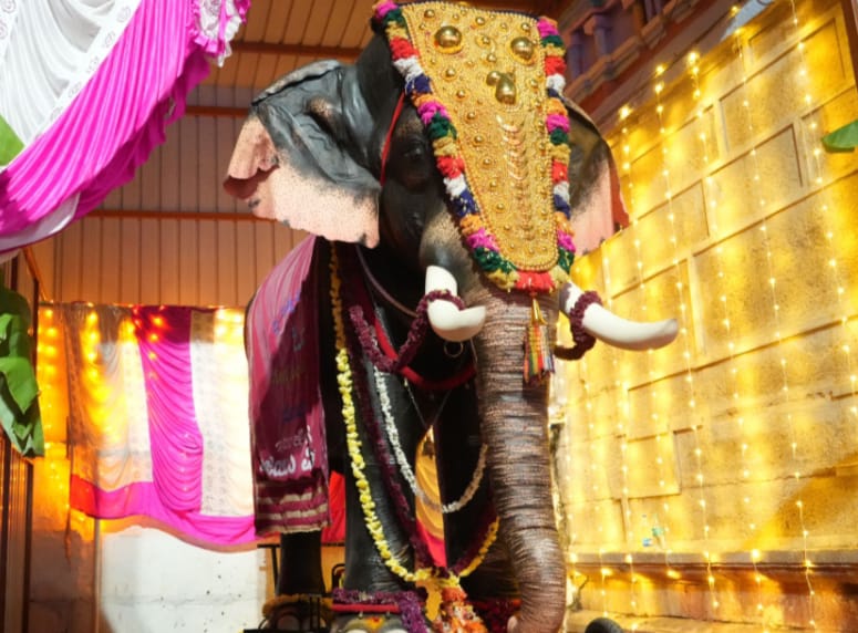 Close-up of the life-size mechanical elephant donated by Rukmini Vasanth