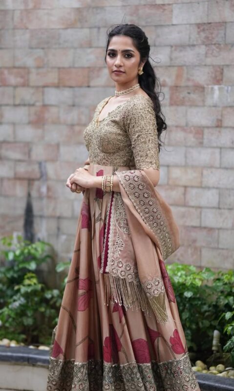 Rukmini Vasanth with the mechanical elephant Mahanandi at Ujjaini Peetha