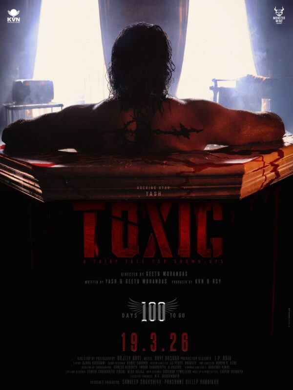 Yash Toxic Poster Release 2026: Intense New Look Unveiled 100 Days Before March Premiere New Yash Toxic poster showing actor in blood-stained bathtub