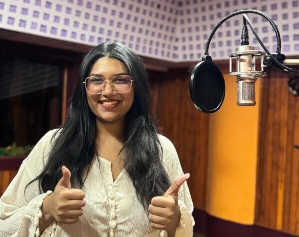 Sanvi Sudeep recording Masth Malaika in the studio