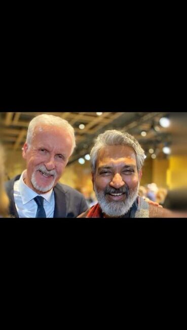 SS Rajamouli and James Cameron sharing a light moment in a private screening room