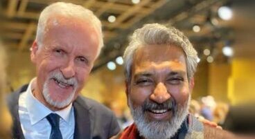SS Rajamouli and James Cameron sharing a light moment in a private screening room