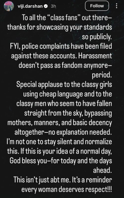 Darshan’s Wife Vijayalakshmi Approaches CCB Over Online Abuse Amid Fans War Screenshot of Vijayalakshmi's Instagram post addressing the online harassment.