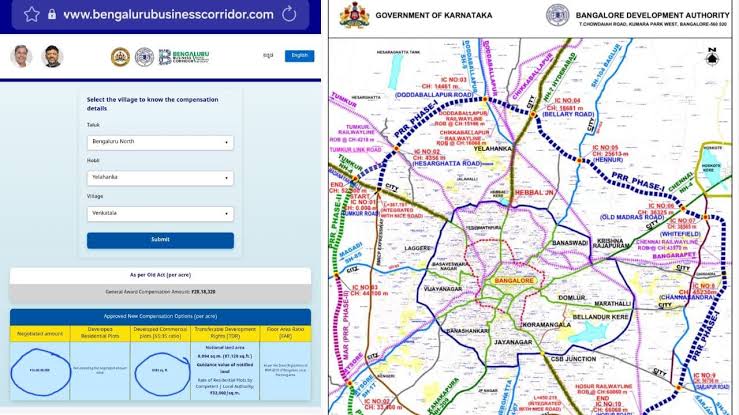Map of the proposed PRR-1 Bengaluru Business Corridor highlighting land acquisition zones.
