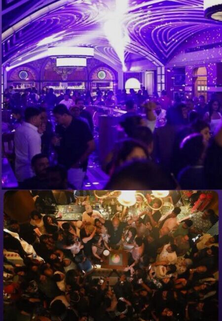 The vibrant, lit-up exterior of 1522 party hub in Bangalore.