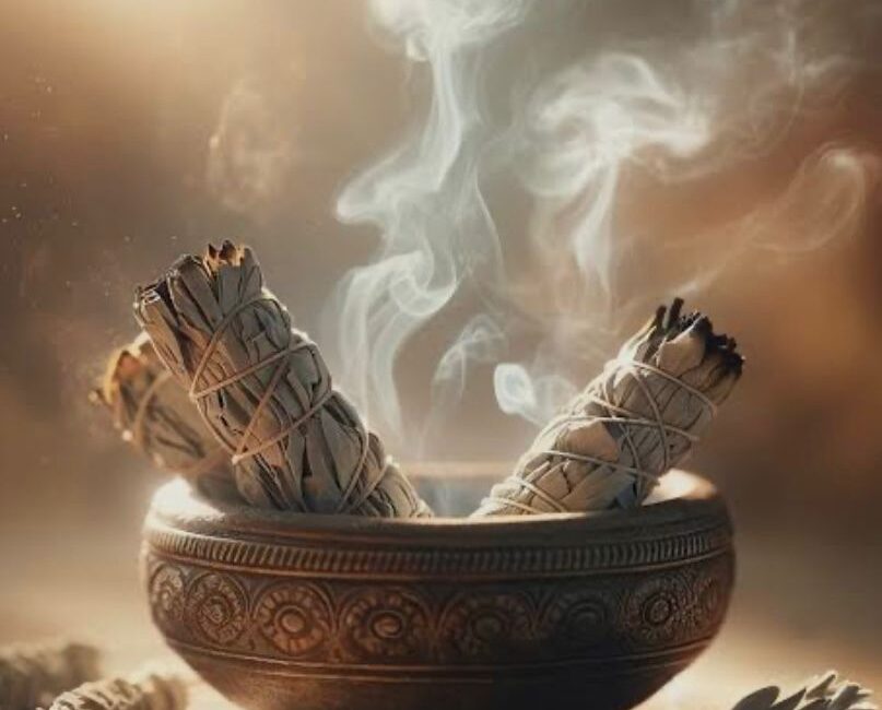 A person performing sage smudging with white sage in a well-lit room.
