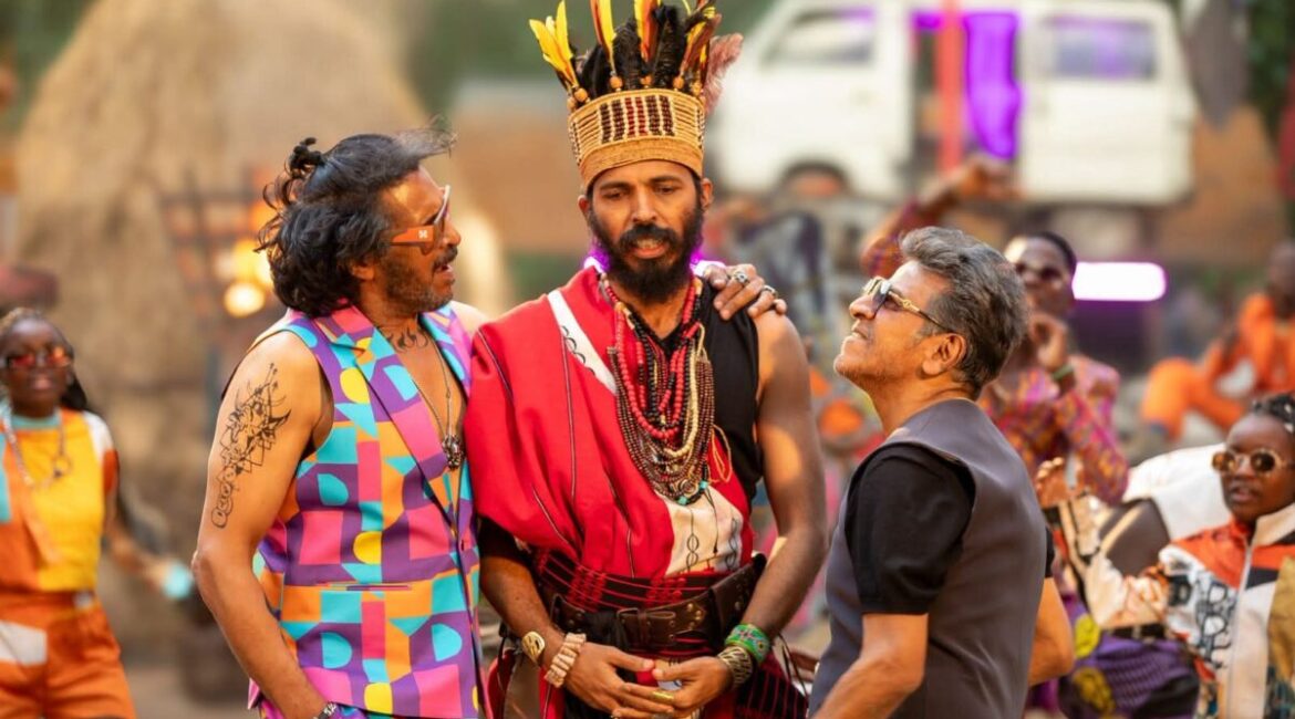 45 Film Afro Tapaang Song Integrated into Climax Following Fan Demand Shivarajkumar, Upendra, and Raj B. Shetty in a promotional poster for the song Afro Tapaang.