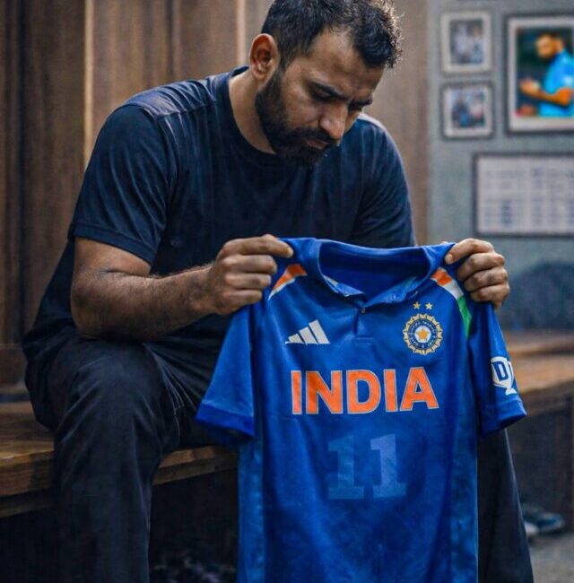 Mohammed Shami in action bowling during an international T20 match.