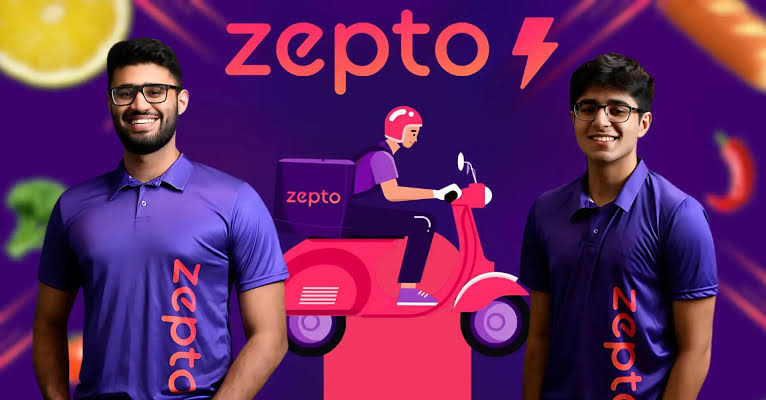 A delivery executive from Zepto with the company's branded delivery bag.