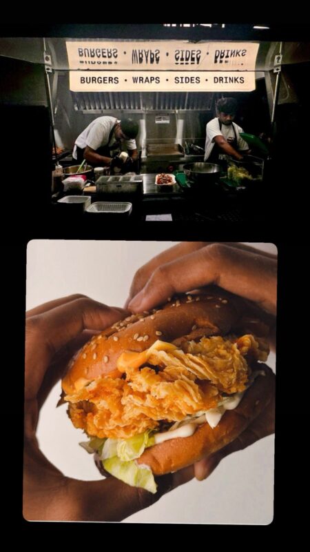 Kried Food Truck Bengaluru: JP Nagar's Go-To for Crispy Fried Chicken A customer enjoying a Kried chicken burger with fries from the food truck.
