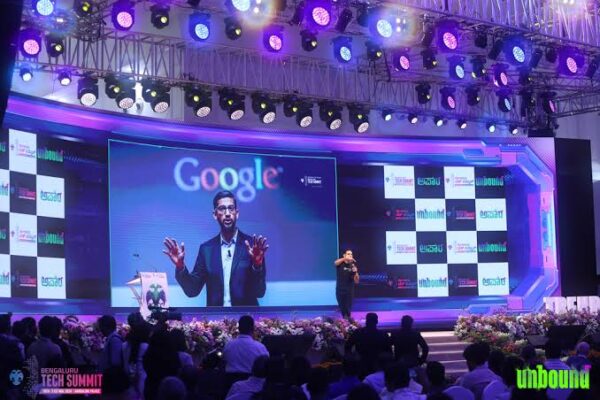 A keynote speaker on stage at a previous edition of the Bengaluru Tech Summit.